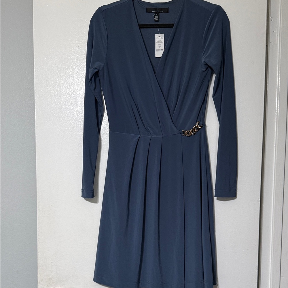 White House Black Market Blue Long Sleeve Dress with Gold Detail